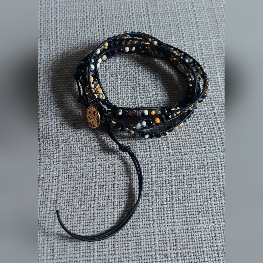 Handmade Black, Orange & Brown Bead And Black Leather Wrap Bracelet